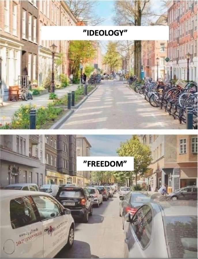 The meme is a visual comparison between two contrasting scenarios, with a humorous tone. The top image depicts a busy, urban street with cars and pedestrians, while the bottom image shows a peaceful, tree-lined street with no traffic. The text "Ideology" appears above the top image, and "Freedom" above the bottom image, implying that the two scenarios are ideals of different ideologies.